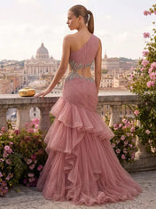 One-Shoulder Pleated Tulle Prom Dress with Crystal Cutout Waist and Ruffled Tiered Skirt