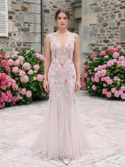 V-Neck Beaded Floral Embroidered Mermaid Tulle Prom Dress