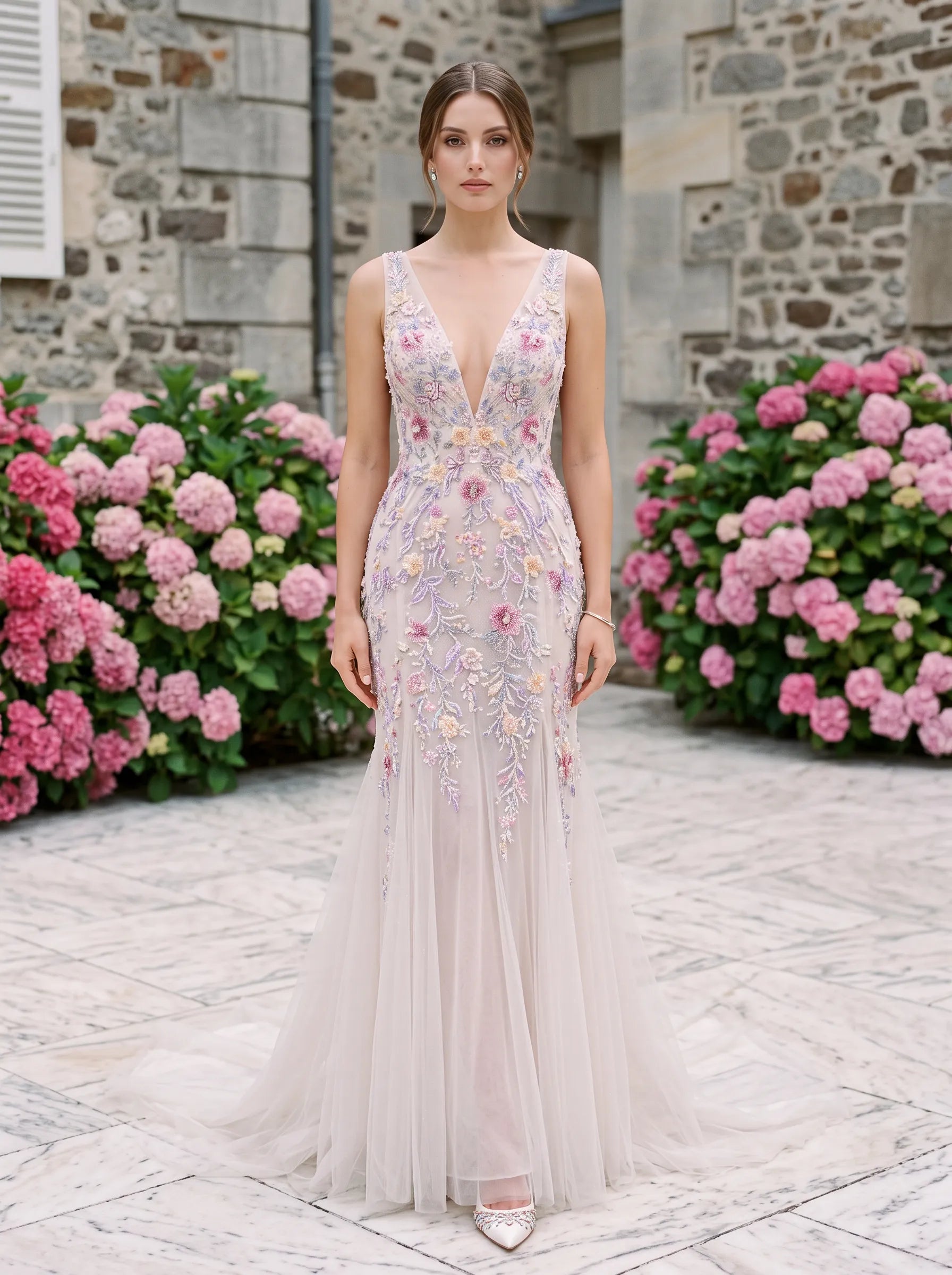 V-Neck Beaded Floral Embroidered Mermaid Tulle Prom Dress