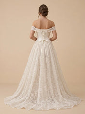 Off-the-Shoulder Lace A-Line Wedding Dress with Corset Bodice