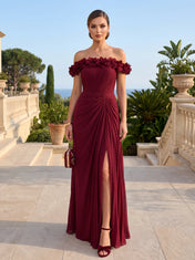 Off-the-Shoulder Draped Chiffon Evening Dress with 3D Rosettes and High Slit