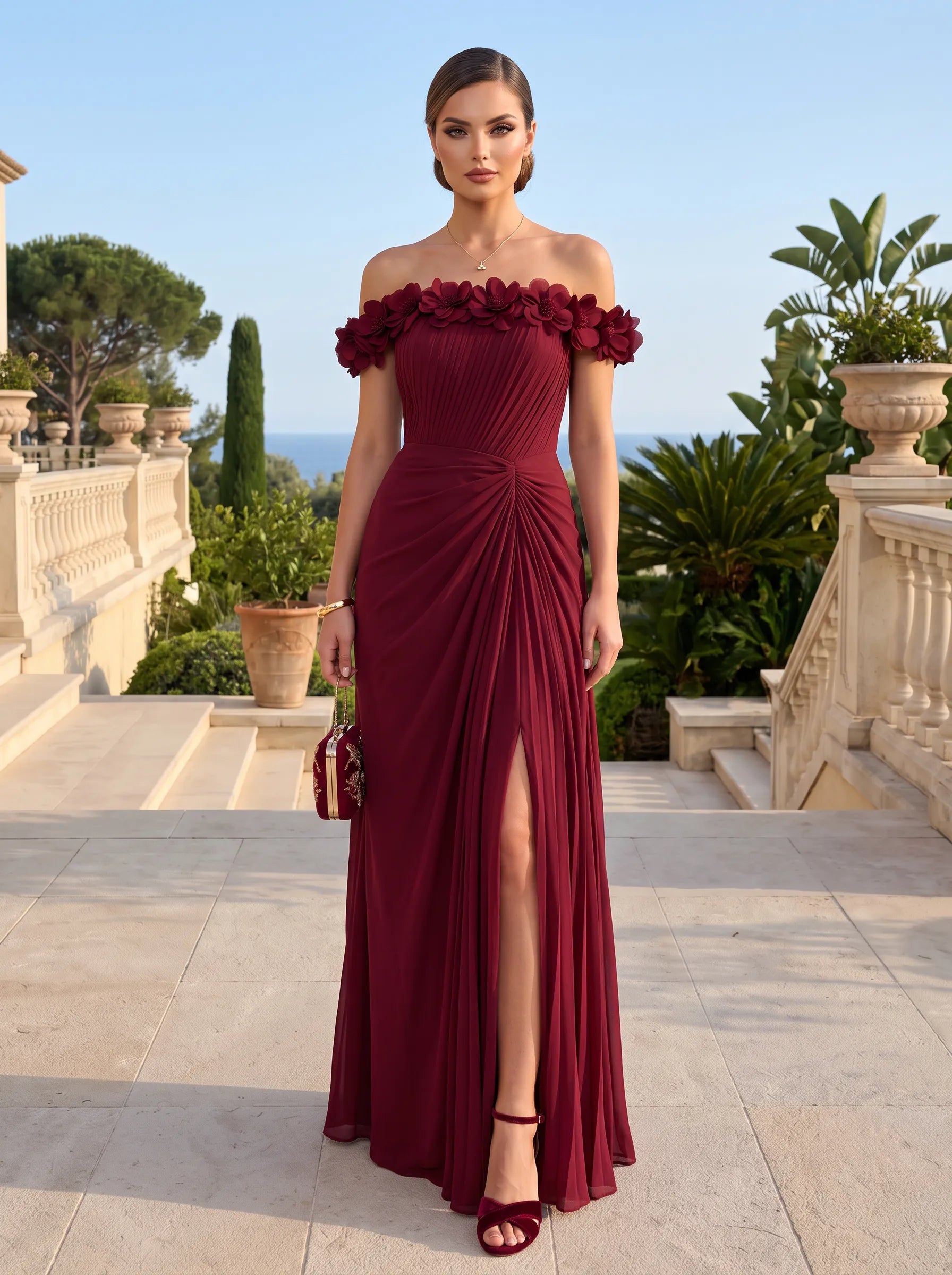 Off-the-Shoulder Draped Chiffon Evening Dress with 3D Rosettes and High Slit