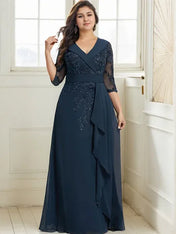 A-line Collared V-Neck Floor-Length Lace Chiffon Mother of the Bride Dress With Sequins Cascading Ruffles