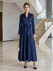 High-Neck V-Plunge Belted Satin Long-Sleeve A-Line Evening Dress with Bow and Pockets