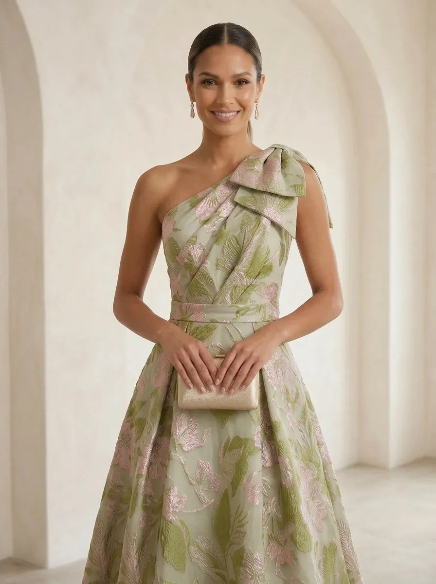 One-Shoulder Bow-Accented Jacquard Ball Gown Mother Of The Bride Dresses