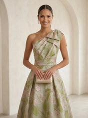 One-Shoulder Bow-Accented Jacquard Ball Gown Mother Of The Bride Dresses