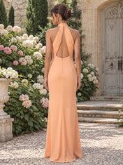 Halter-Neck Cross-Over Satin Long Evening Dress