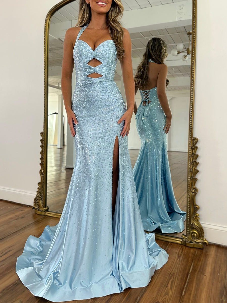 Sparkly Mermaid Keyhole Long Beaded Prom Dress with Slit