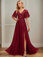 A-line V-Neck Floor-Length Lace Chiffon Evening Dress With Sequins