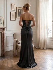Strapless Beaded Floral-Accented Column Prom Dress with High Slit