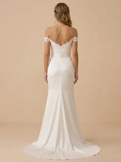 Off-the-Shoulder Satin Mermaid Wedding Dress with Lace Trim and Waist Sash