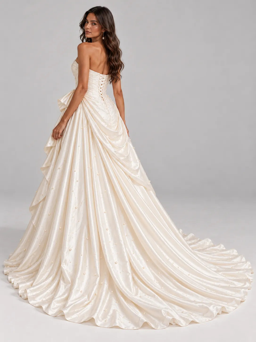 Strapless Draped Pearl-Embellished Satin Wedding Dress Ball Gown with High Front Slit and Corset Back