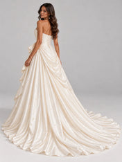 Strapless Draped Pearl-Embellished Satin Wedding Dress Ball Gown with High Front Slit and Corset Back