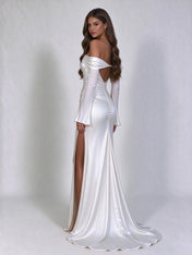 Off-the-Shoulder Draped Long-Sleeve Satin Wedding Dress with High Slit and Sweep Train