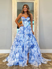 Pink A-Line Strapless Sweetheart Print Tiered Tulle Long Prom Dress with Slit