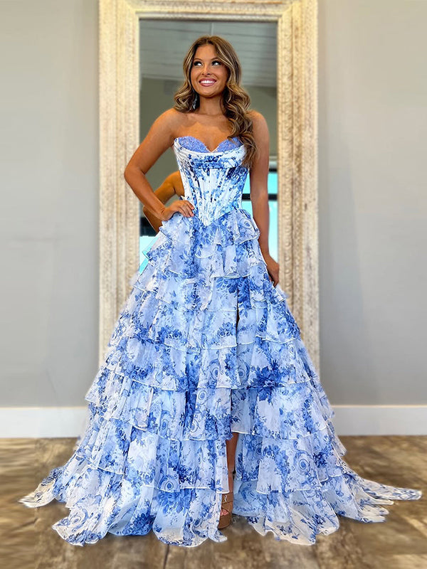 Pink A-Line Strapless Sweetheart Print Tiered Tulle Long Prom Dress with Slit