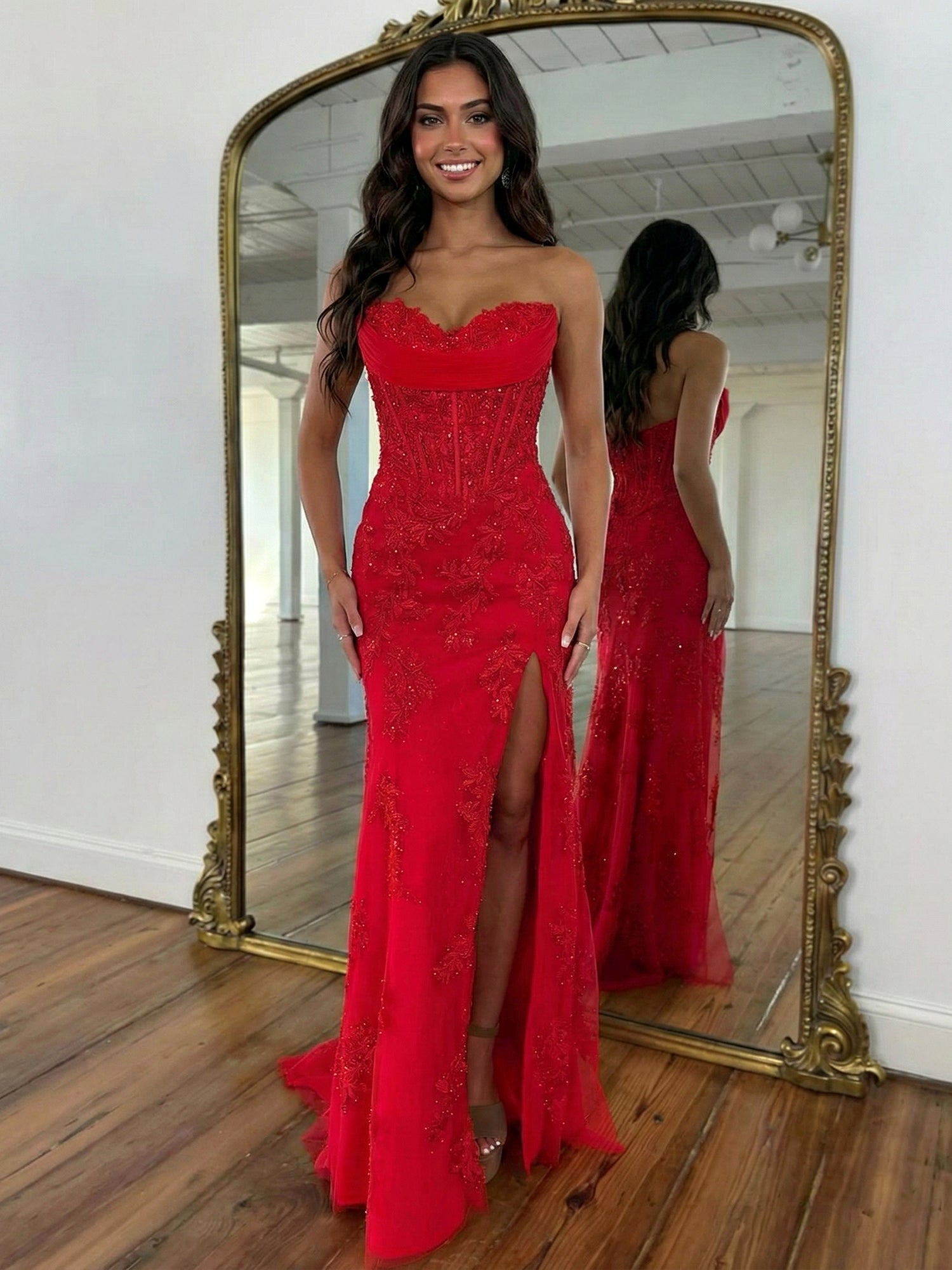 Strapless Corset Lace Floral Prom Dress with Thigh-High Slit