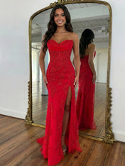 Strapless Corset Lace Floral Prom Dress with Thigh-High Slit