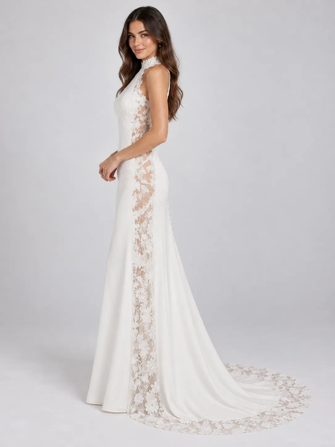 High-Neck Lace-Panel Mermaid Bridal Gown Wedding Dress
