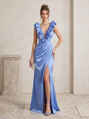 Ruffled V-Neck Satin Mermaid Slit Evening Dress with Draped Waist