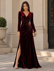 V-Neck Pearl Ruched Burgundy Velvet Floor-Length Evening Dresses with Long Sleeves