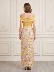 Off-the-Shoulder Draped Bodice Embroidered Floral Column Mother of the Bride & Groom Dresses