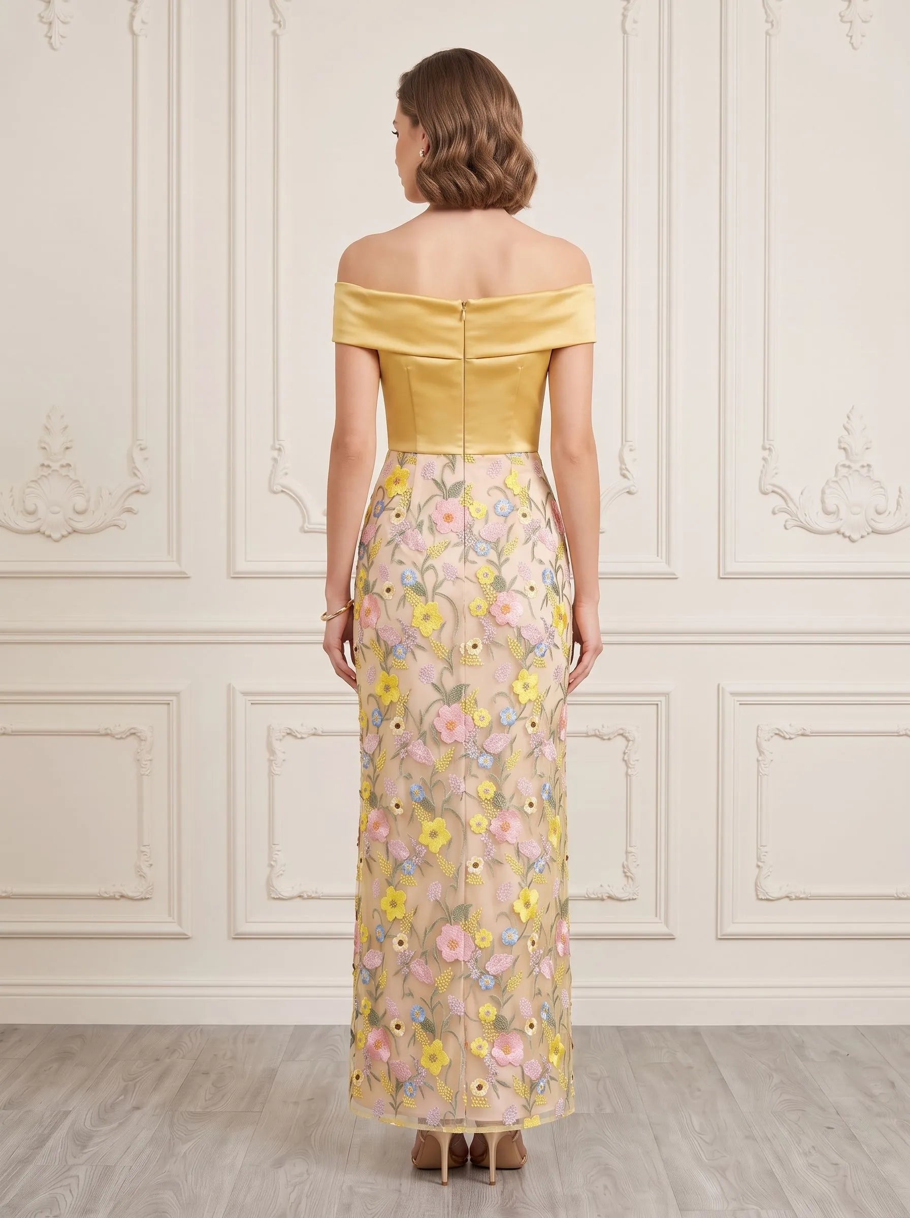 Off-the-Shoulder Draped Bodice Embroidered Floral Column Mother of the Bride & Groom Dresses