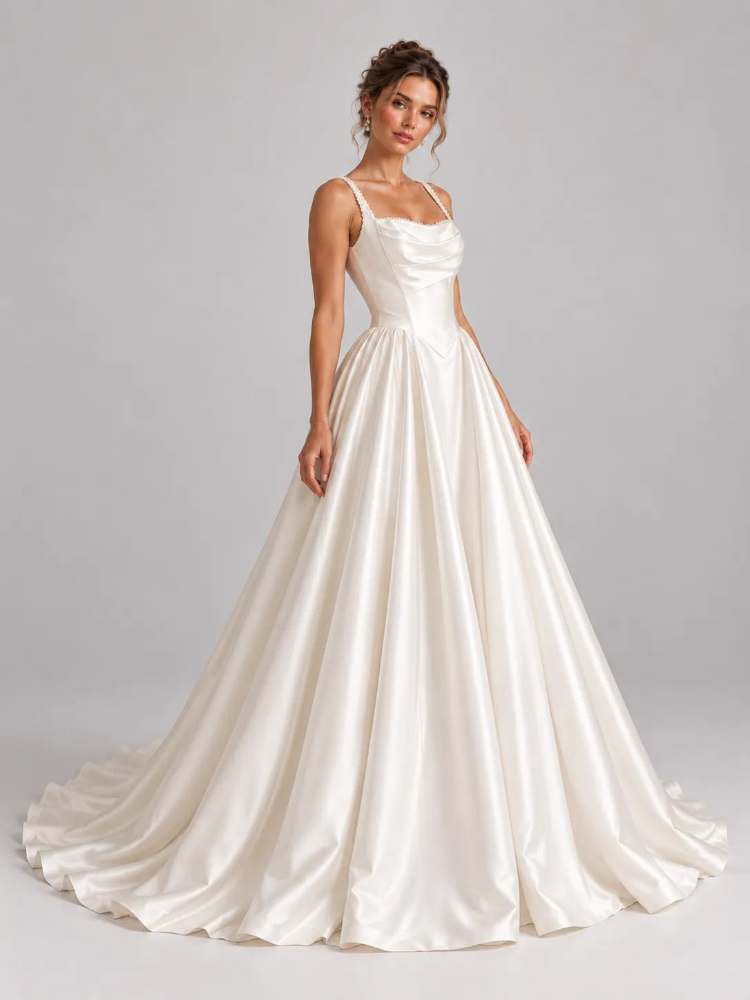 Square-Neck Beaded Strap Satin Wedding Dress Ball Gown with Draped Bodice and Covered Button Back