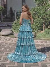 Strapless Pleated Metallic Tiered Ball Gown Prom Dress with Floral Accent