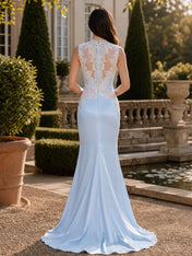 High-Neck Lace Appliqué Sleeveless Mermaid Evening Dress