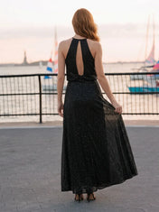 Black Halter Neck Keyhole Shimmer Long Evening Dress