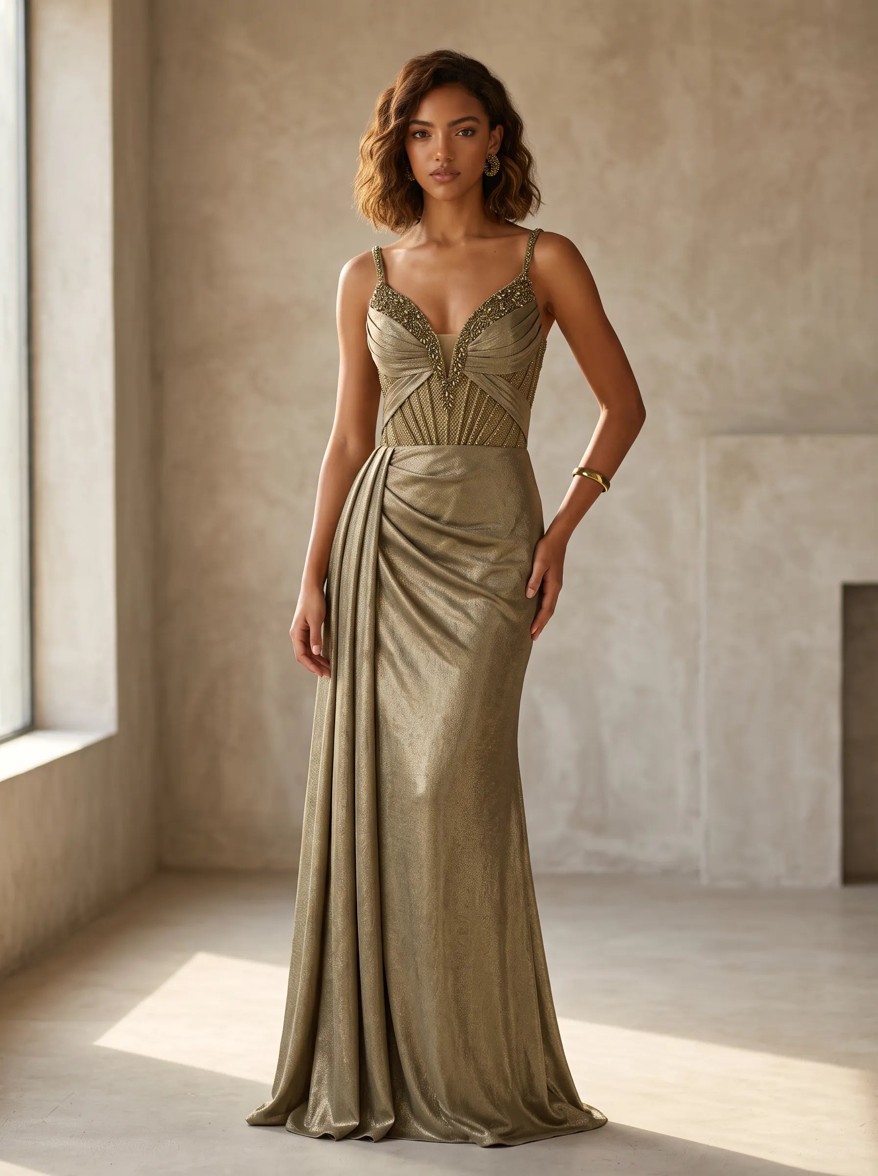 Beaded-Bustier Metallic Draped-Skirt Column Prom Dress