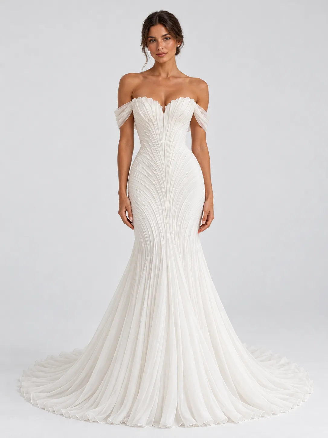 Off-the-Shoulder Pleated Chiffon Mermaid Wedding Dress with Sweep Train