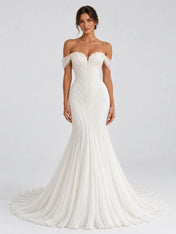 Off-the-Shoulder Pleated Chiffon Mermaid Wedding Dress with Sweep Train