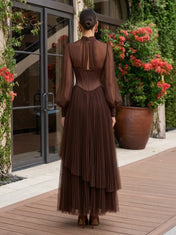 High-Neck Tie Corset Corset-Waist Pleated Mesh A-Line Evening Dress