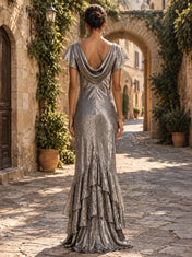 Cowl-Neck Metallic Tiered Ruffle Mermaid Evening Dress