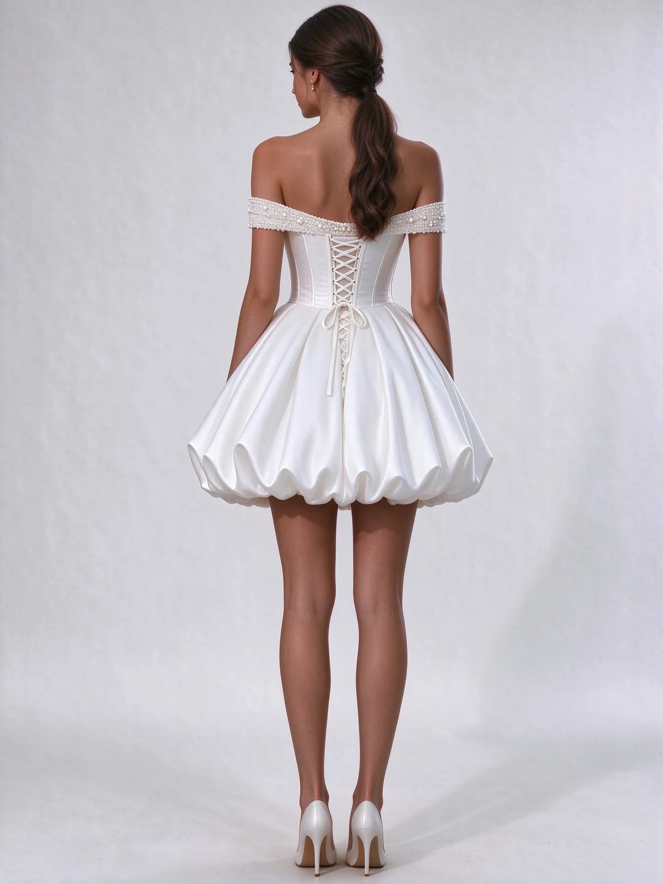 Off-the-Shoulder Pearl Satin Corset Bubble Mini Dress Wedding Dress