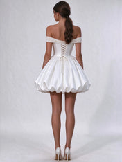Off-the-Shoulder Pearl Satin Corset Bubble Mini Dress Wedding Dress