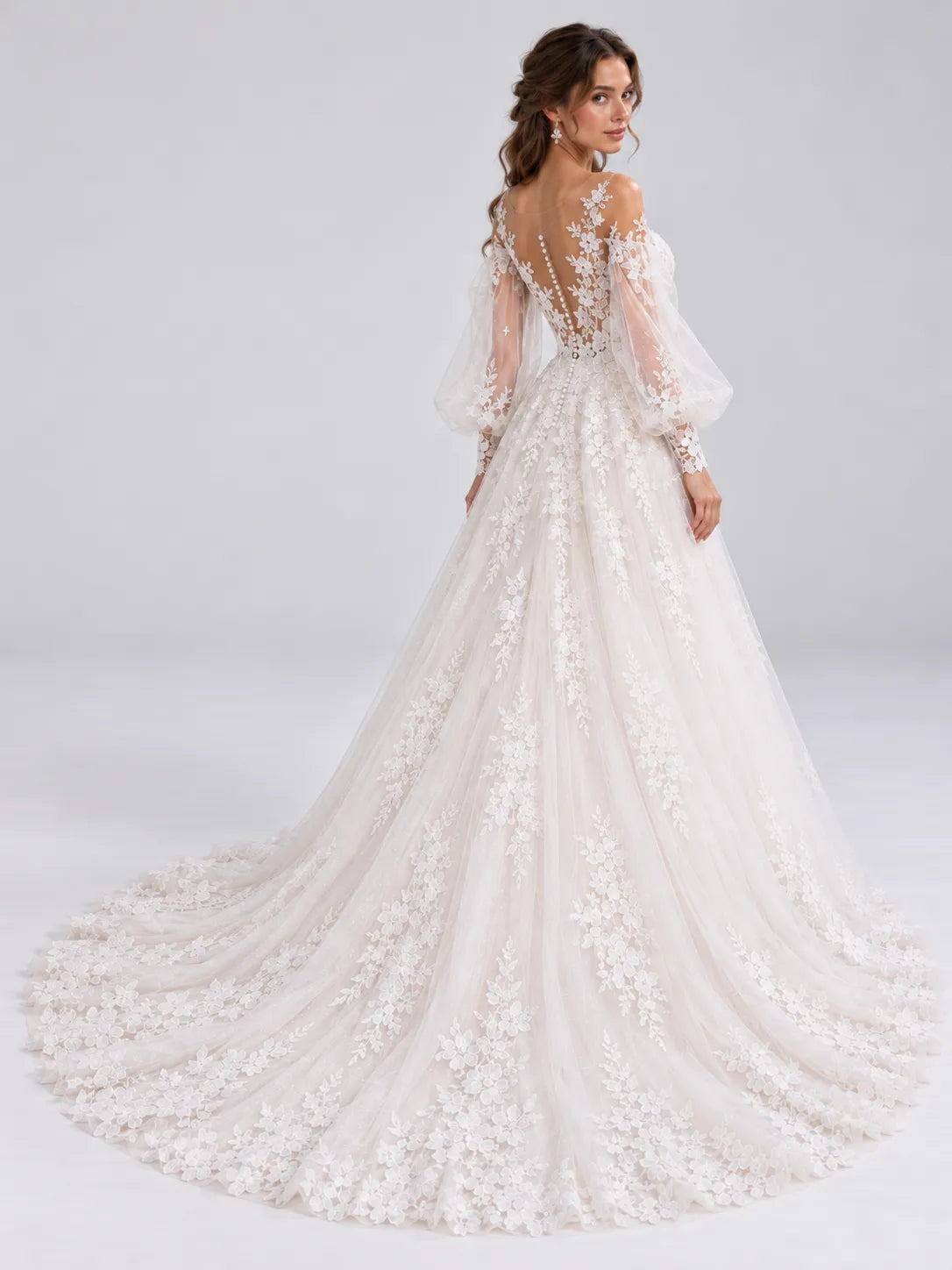 Off-the-Shoulder Bishop Long-Sleeve Lace A-Line Wedding Dress with Illusion Back and Cathedral Train