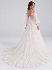 Off-the-Shoulder Bishop Long-Sleeve Lace A-Line Wedding Dress with Illusion Back and Cathedral Train