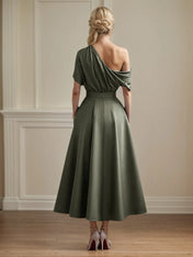 A Line Satin One Shoulder Pleated Ankle Length Mother of the Bride Dress