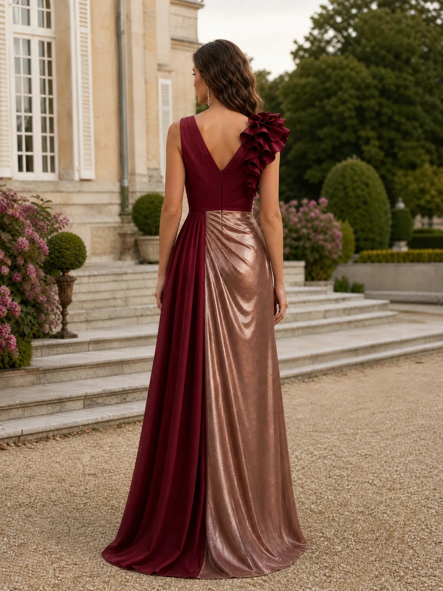 V-neck 3D Floral Color-Block Sleeveless Evening Dress