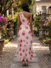 One-Shoulder Pleated Floral Midi Evening Dress
