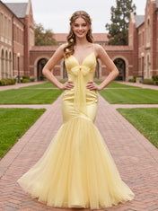 Spaghetti Strap V-Neck Satin & Tulle Mermaid Prom Dress