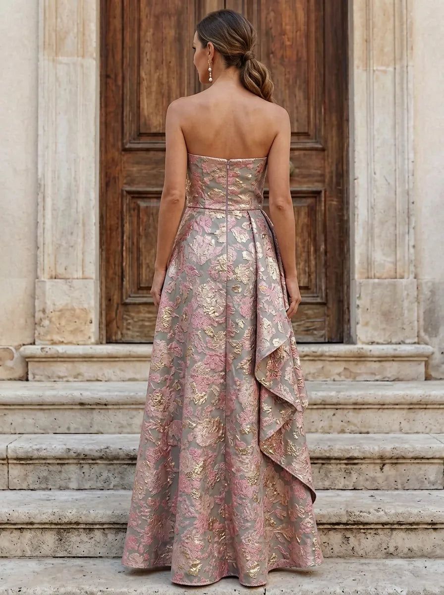 Sage and Pink Strapless Floral Brocade Ruffled Evening Dress