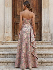 Sage and Pink Strapless Floral Brocade Ruffled Evening Dress
