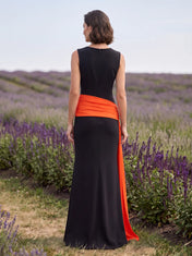 Plunging V-Neck Crepe Column Evening Dress with Contrast Orange Draped Waist Sash