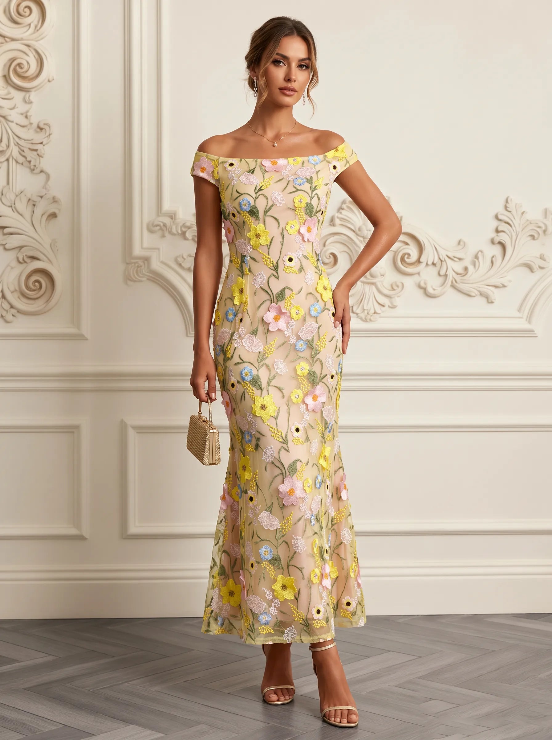 Off-the-Shop / Straight-Across Neckline 3D Floral Applique Column Mother of the Bride & Groom Dresses