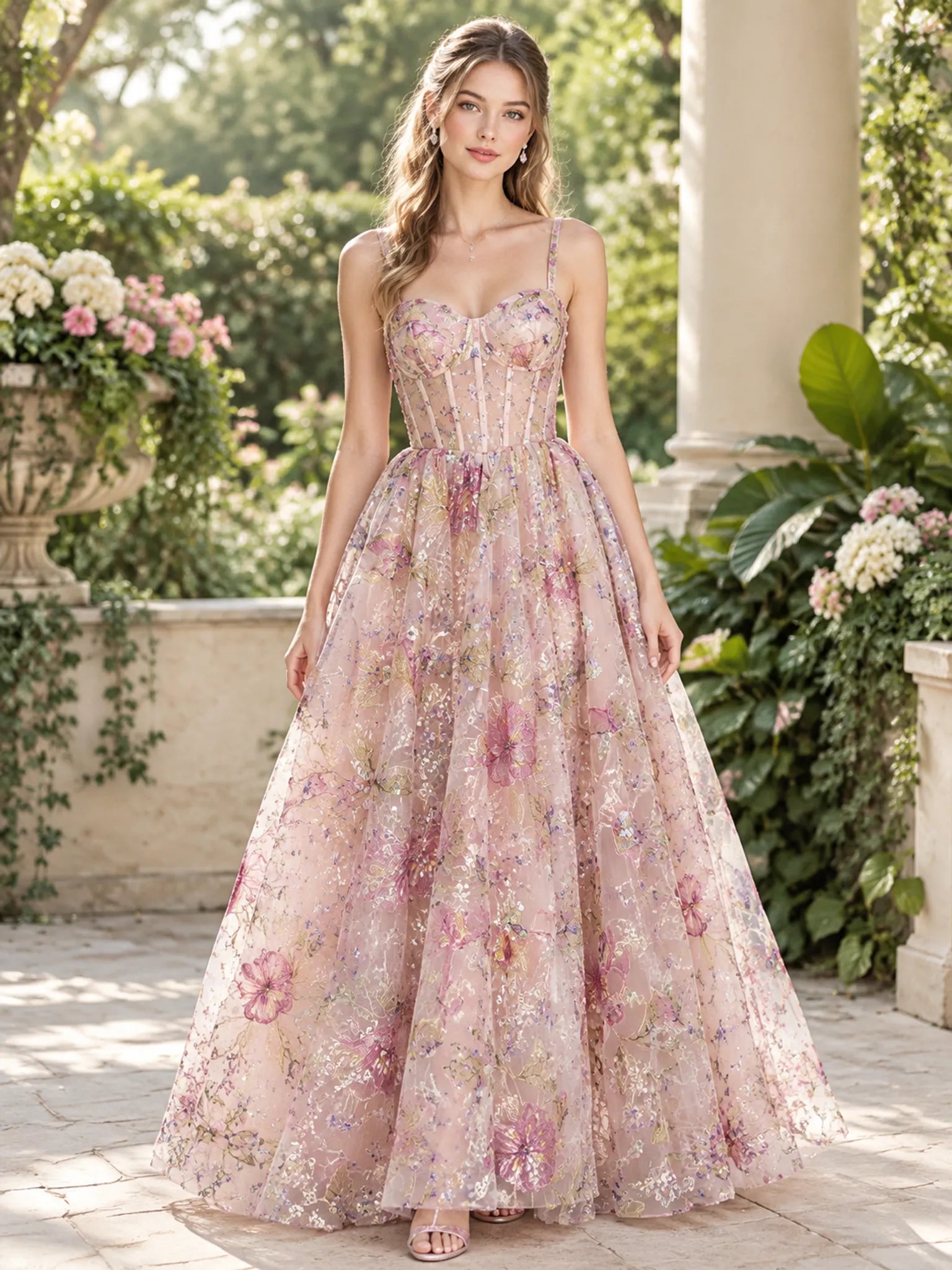 Floral Embroidery Sequined Tulle A-Line Prom Dress with Corset Bodice and Crisscross Back