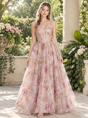 Floral Embroidery Sequined Tulle A-Line Prom Dress with Corset Bodice and Crisscross Back